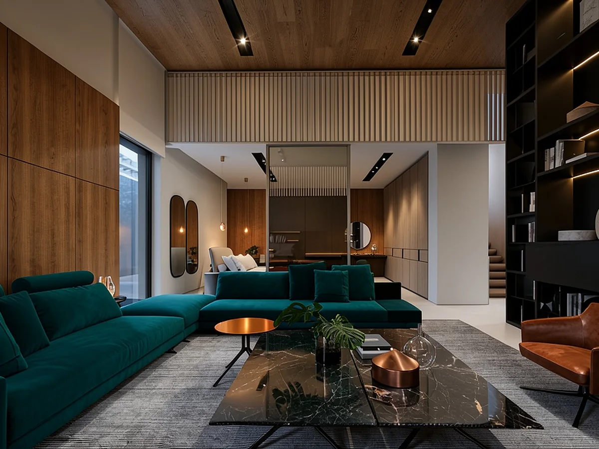 Living room restyled with teal upholstery and warmer materials