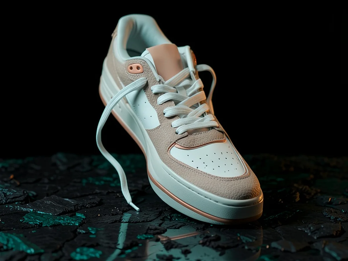 Sneaker transformed into a dark campaign image with copper and teal lighting