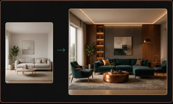Neutral living room transformed into a warm dark interior concept