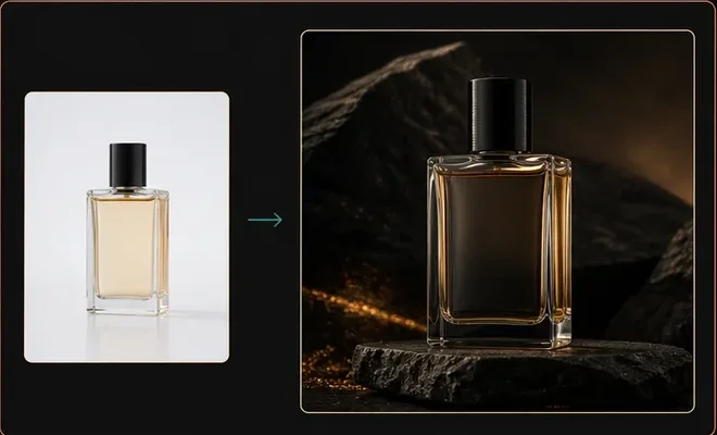 Perfume bottle moved from a plain source photo into a dark campaign setting