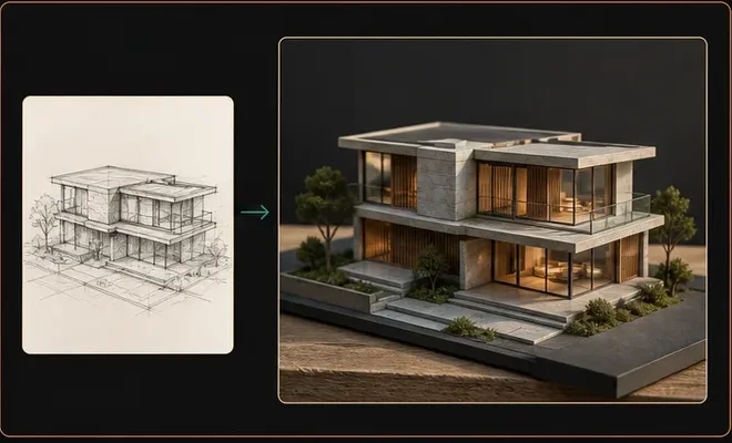 Architectural sketch transformed into a finished house model